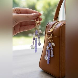 Purple Peony Violet Gold Indigo Beaded Bag Charm Keychain with Real Pearl Charm